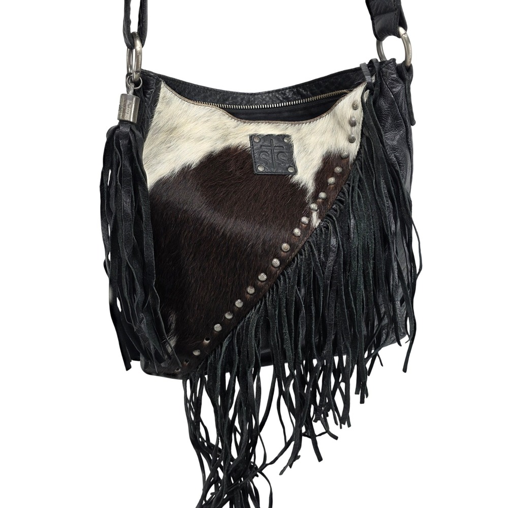 STS Ranchwear Crossbody Bag Black Cow Bovine Leather Fur Fringe Western Stud